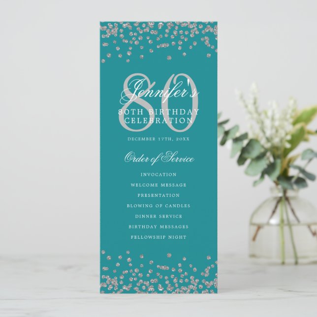 80th Birthday Program Thanks Silver Turquoise Invitation (Standing Front)