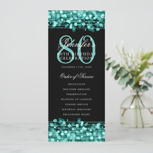 80th Birthday Program Turquoise Menu+Thank You Invitation (Standing Front)