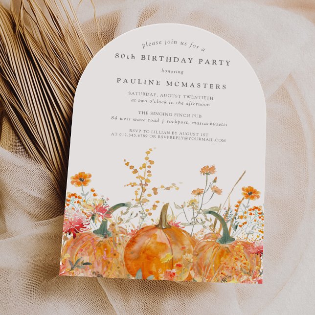 80th Birthday Pumpkin Wildflower Fall Watercolor Invitation (Creator Uploaded)