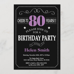 80th Birthday Purple and Black Chalkboard Invitation