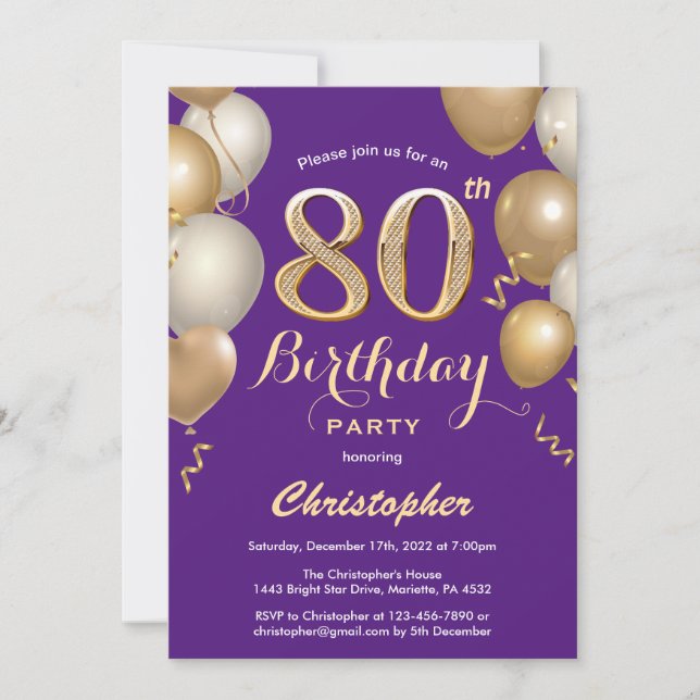 80th Birthday Purple and Gold Balloons Confetti Invitation (Front)