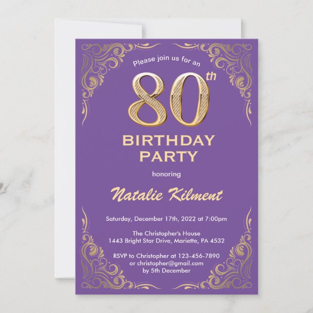 80th Birthday Purple and Gold Glitter Frame Invitation (Front)