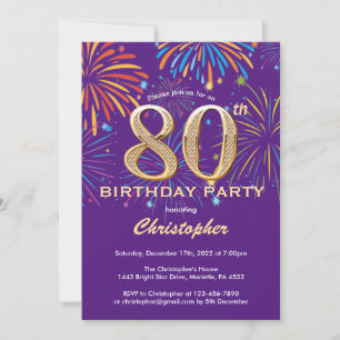80th Birthday Purple and Gold Rainbow Fireworks Invitation
