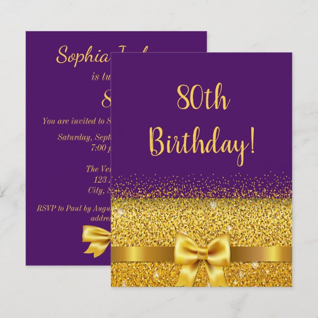 80th birthday purple gold bow elegant invitation (Front/Back)
