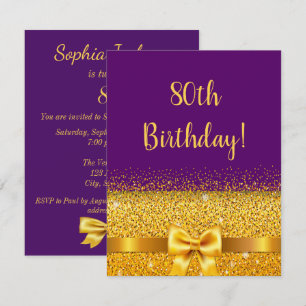 80th birthday purple gold bow elegant invitation