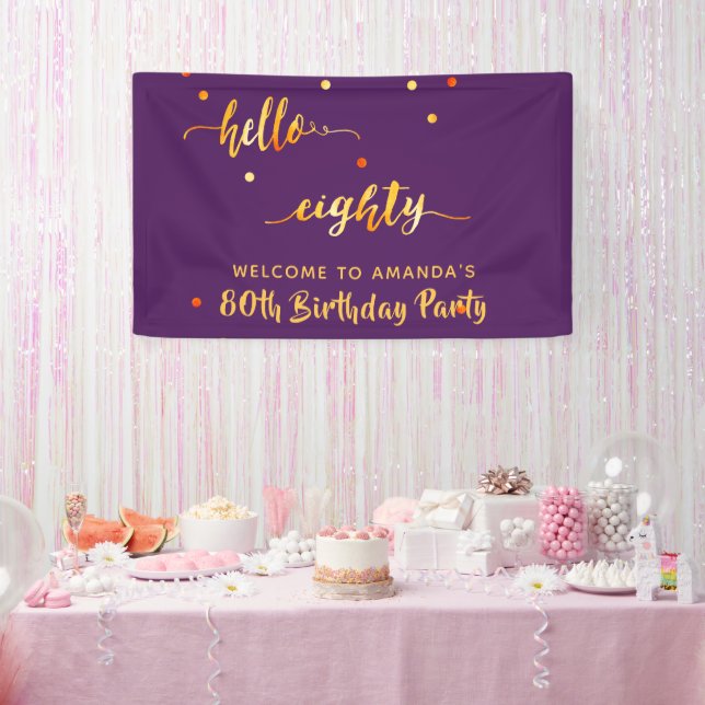 80th birthday purple gold hello 80 name script banner (Party)