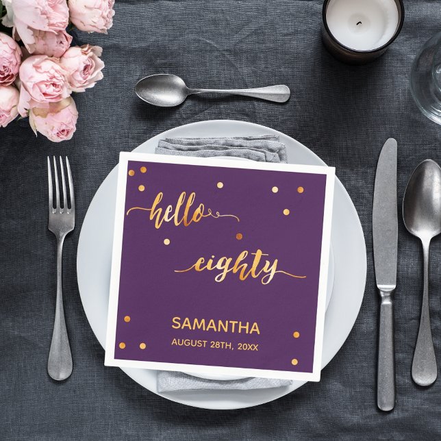 80th birthday purple gold hello 80 name script napkin (Creator Uploaded)