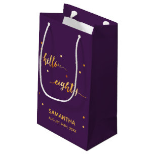 80th birthday purple gold hello 80 name script small gift bag