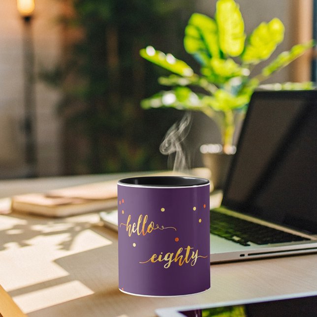 80th birthday purple gold hello 80 typography mug (Creator Uploaded)