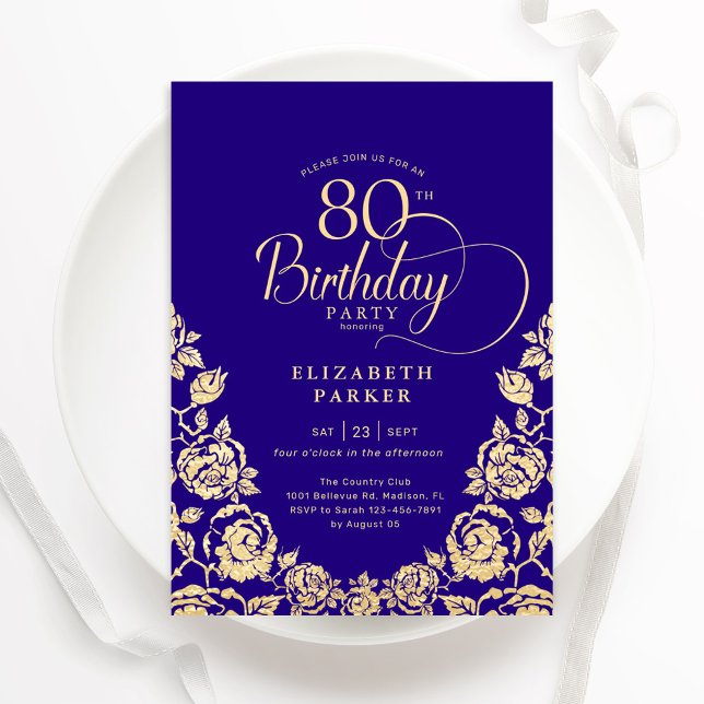 80th Birthday Purple Gold Roses Invitation (Creator Uploaded)