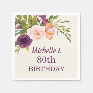 80th Birthday Purple Pink Floral Cream  Napkin