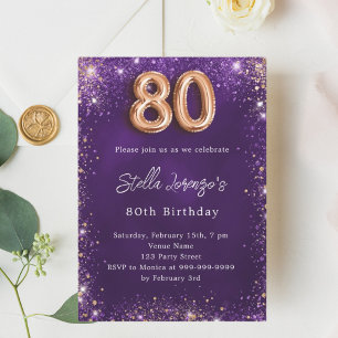 80th Birthday purple rose gold Invitation