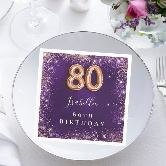 80th birthday purple rose gold name napkin (Creator Uploaded)