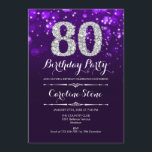 80th Birthday - Purple Silver Invitation<br><div class="desc">80th Birthday Invitation.
Elegant purple white design with faux glitter silver. Adult birthday. Features diamonds and script font. men or women bday invite.  Perfect for a stylish birthday party. Message me if you need further customization.</div>