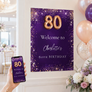 80th birthday purple sparkles welcome poster