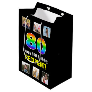 80th Birthday: Rainbow “80“, Custom Photos & Name Medium Gift Bag