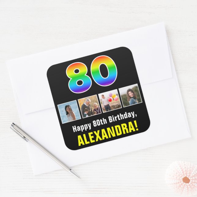 80th Birthday: Rainbow “80”; Custom Photos & Name Square Sticker (Envelope)