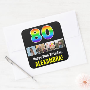 80th Birthday: Rainbow “80”; Custom Photos & Name Square Sticker