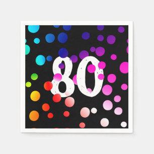 80th Birthday Rainbow Dots on Black Napkin