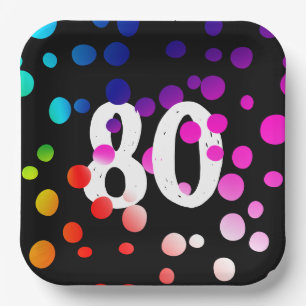 80th Birthday Rainbow Dots on Black Paper Plate