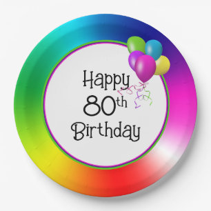 80th Birthday Rainbow Paper Plate