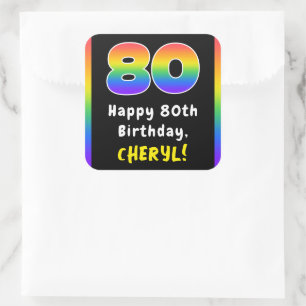 80th Birthday: Rainbow Spectrum # 80, Custom Name Square Sticker