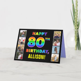 80th Birthday: Rainbow Text, Custom Photos & Name Card