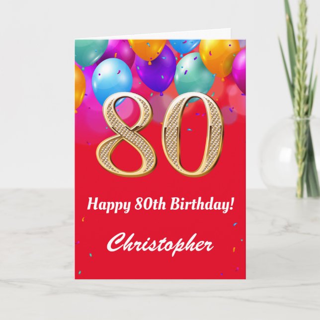 80th Birthday Red and Gold Colourful Balloons Card (Front)