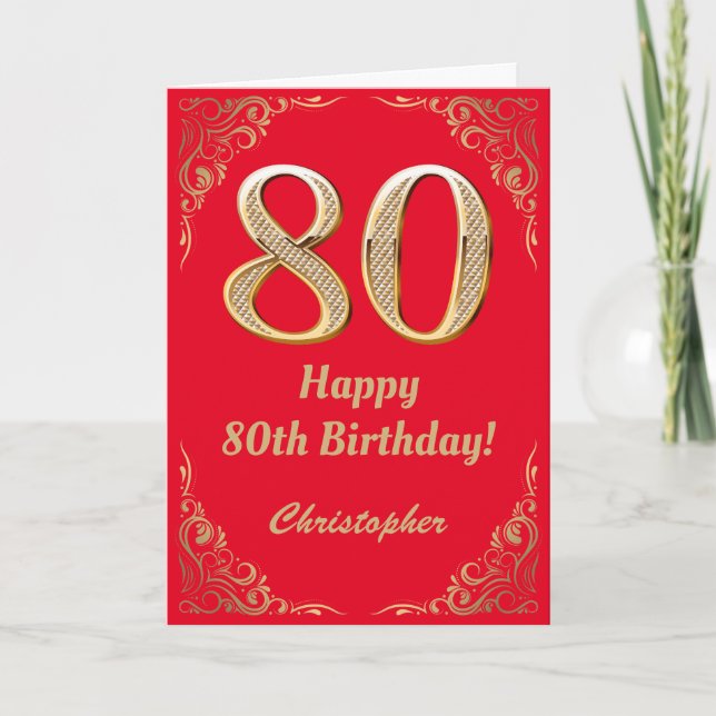 80th Birthday Red and Gold Glitter Frame Card (Front)