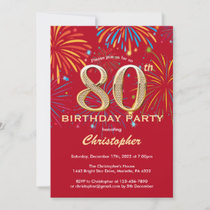 80th Birthday Red and Gold Rainbow Fireworks Invitation