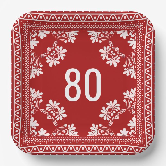 80th Birthday Red Bandanna  Paper Plate (Front)