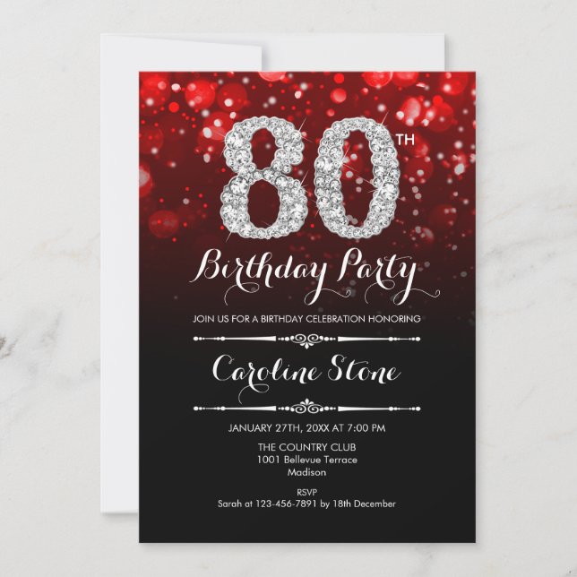 80th Birthday - Red Black Silver Invitation (Front)