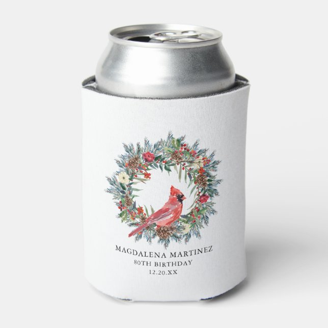 80th Birthday Red Cardinal Party Supplies Can Cooler (Can Front)