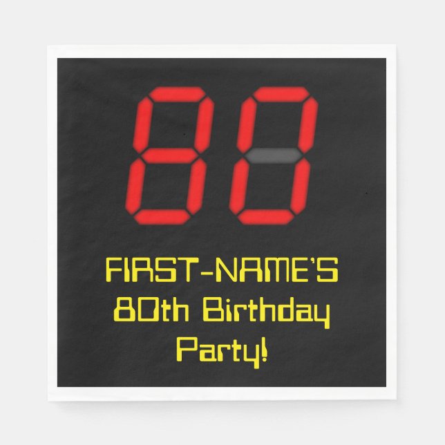 80th Birthday: Red Digital Clock Style "80" + Name Napkin (Front)
