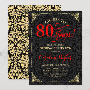 80th Birthday - Red Gold Black Damask Invitation