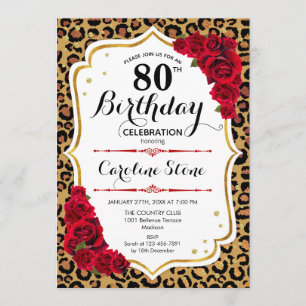80th Birthday - Red Gold Leopard Print Invitation