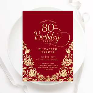 80th Birthday Red Gold Roses Invitation