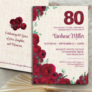 80th Birthday - Red Peonies Linen 80 Years Invitation