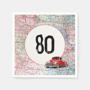 80th Birthday Red Retro Truck on Road Map Napkin