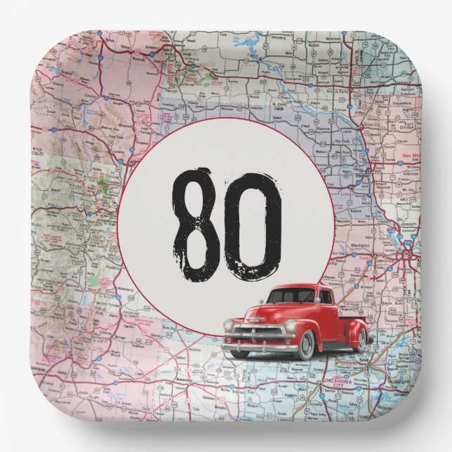 80th Birthday Red Retro Truck on Road Map Paper Plate (Front)
