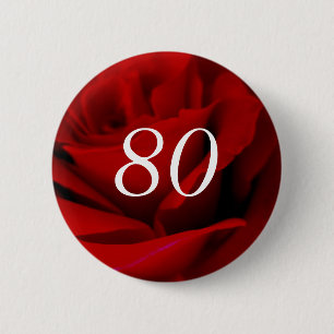 80th Birthday Red Rose Pin On Button