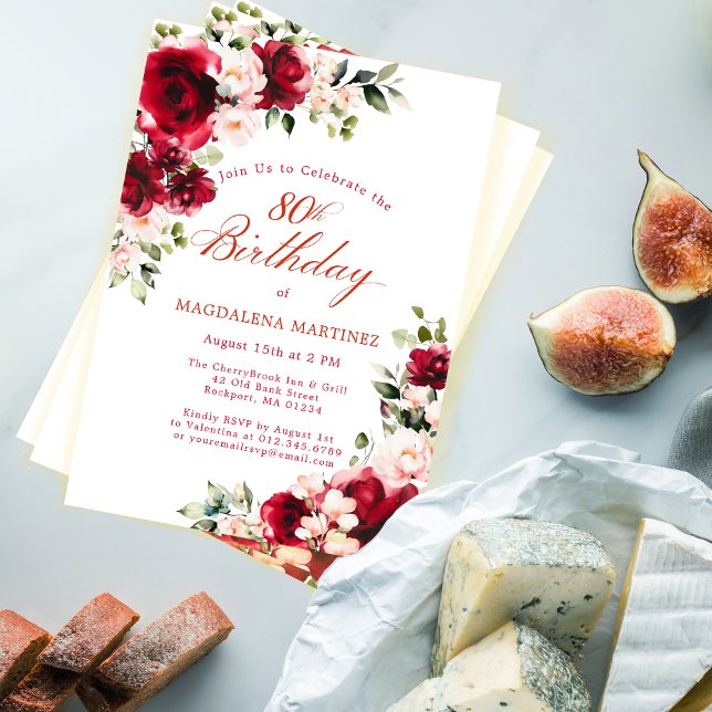 80th Birthday Red Rose Pink Peony Floral Invitation (Creator Uploaded)