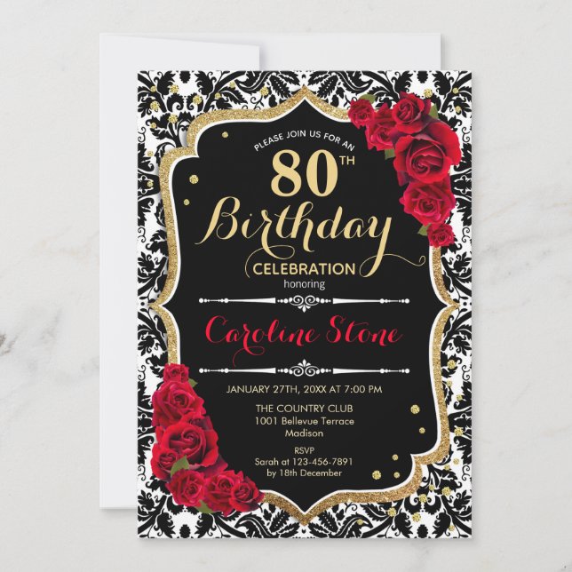 80th Birthday - Red Roses Gold Black Damask Invitation (Front)