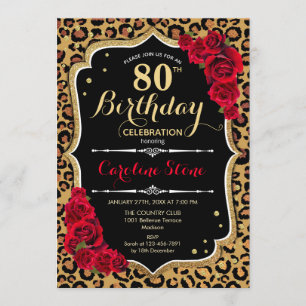 80th Birthday - Red Roses Leopard Print Invitation