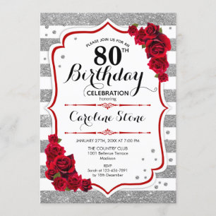 80th Birthday -  Red Silver White Stripes Roses Invitation