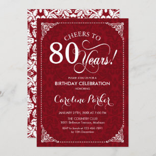 80th Birthday - Red White Damask Invitation