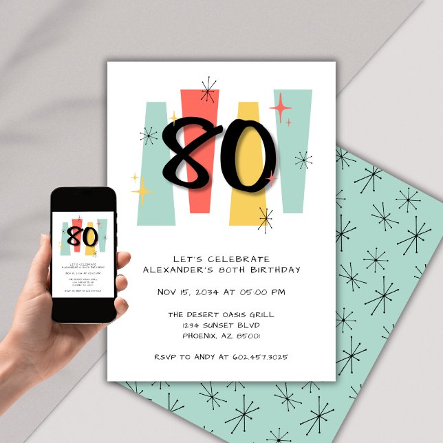 80th Birthday Retro Midcentury Modern Colourful Invitation (Creator Uploaded)