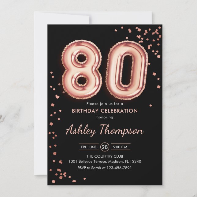 80th Birthday - Rose Gold Balloons Black Invitation (Front)