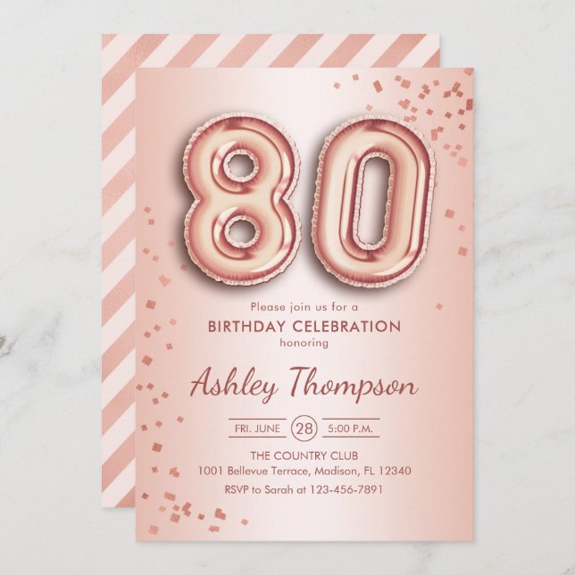 80th Birthday - Rose Gold Balloons Invitation (Front/Back)