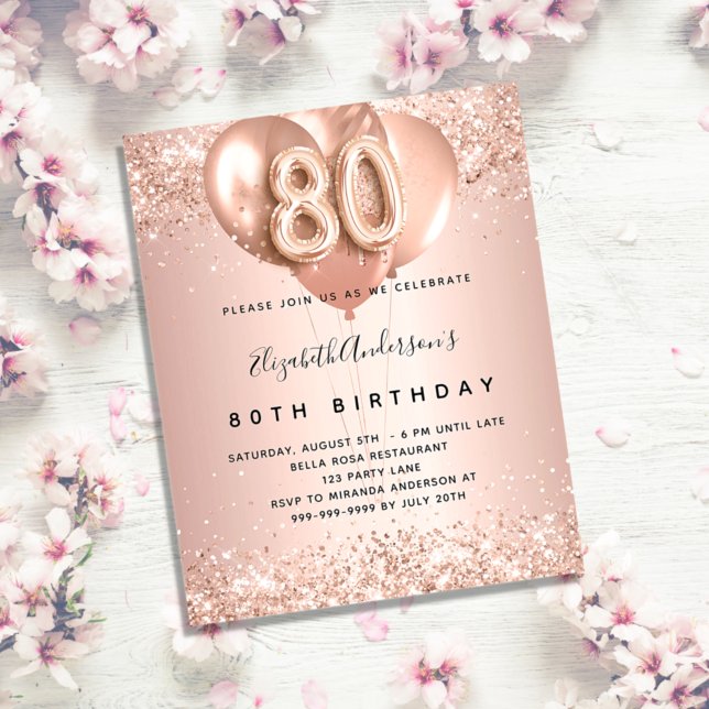 80th birthday rose gold balloons invitation flyer (Creator Uploaded)